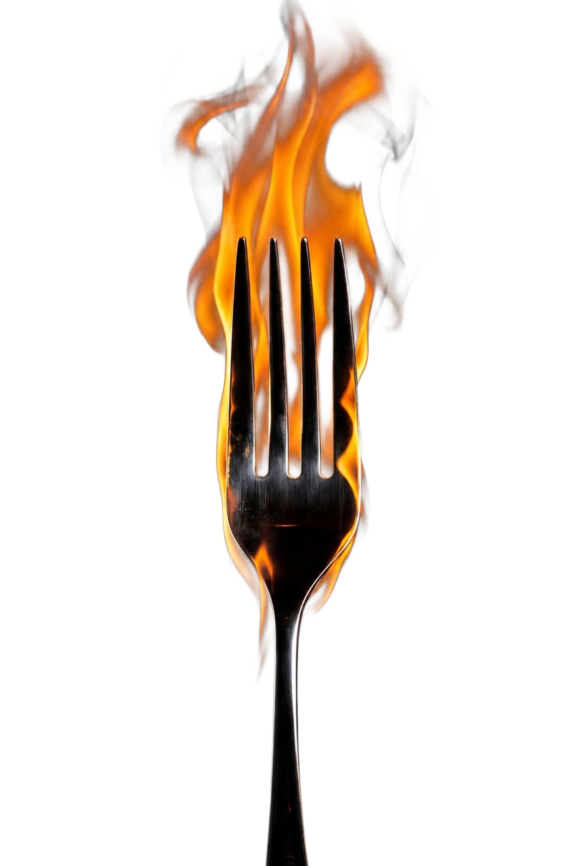 Flame-engulfed steel fork, the Fire & Fork emblem