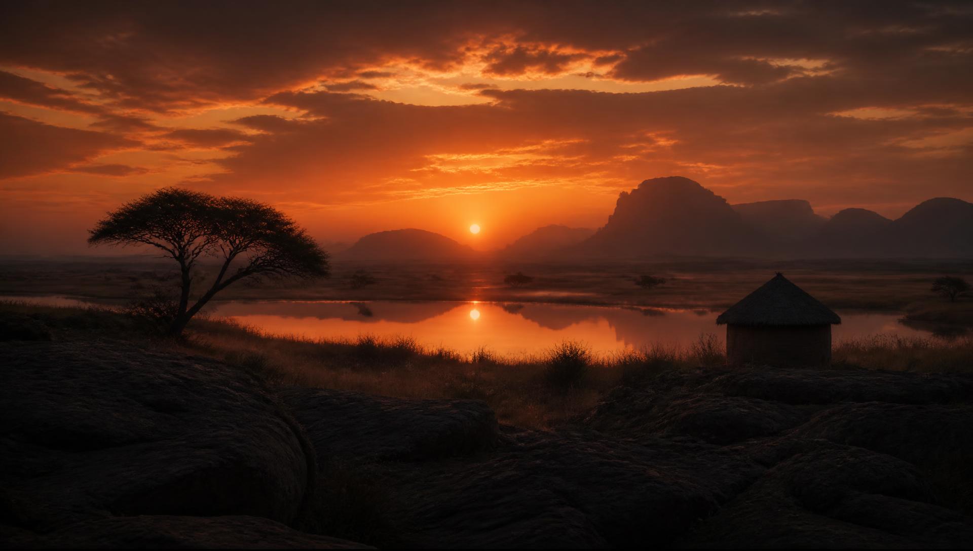 Golden African sunset over the Clarens mountains, a still lake, acacia tree and traditional hut