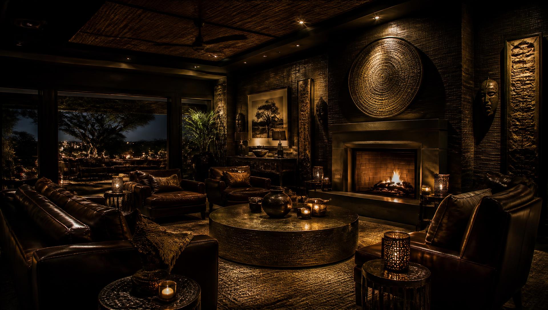 Fire & Fork lounge at night with firelight, woven textures and leather seating